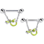 14G 9/16 Green Gem Glitter Dragonfly Dangle Nipple Ring Set