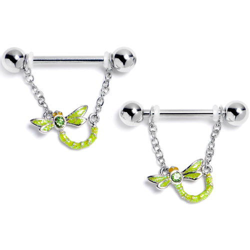14G 9/16 Green Gem Glitter Dragonfly Dangle Nipple Ring Set