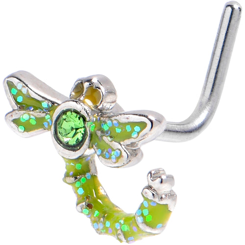 20G 7mm Green Gem Glitter Dragonfly L Shape Nose Ring