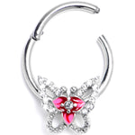 16G 3/8 Clear Gem Fabulous Butterfly Pink Hinged Segment Ring