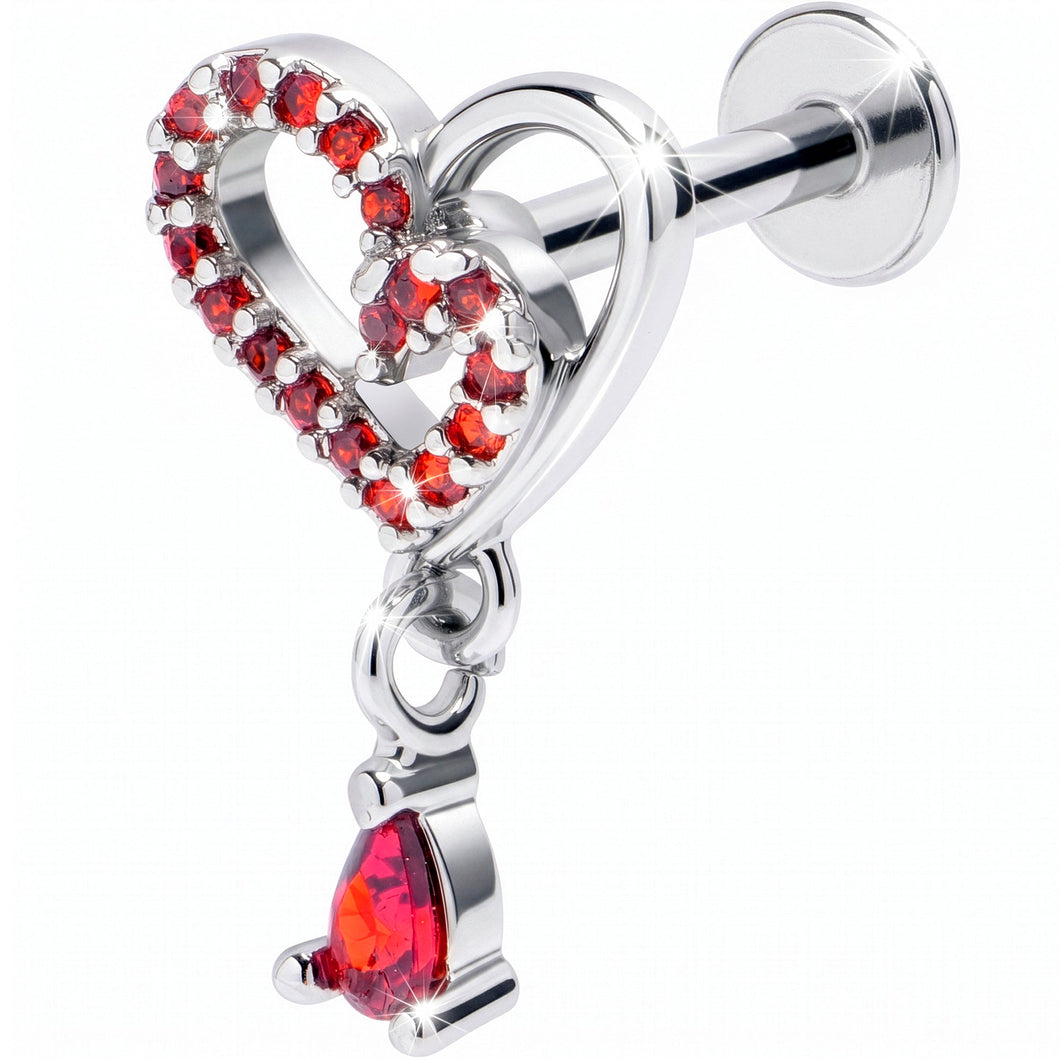 16G 5/16 Red CZ Gem Asymmetrical Heart Dangle Labret Monroe Tragus