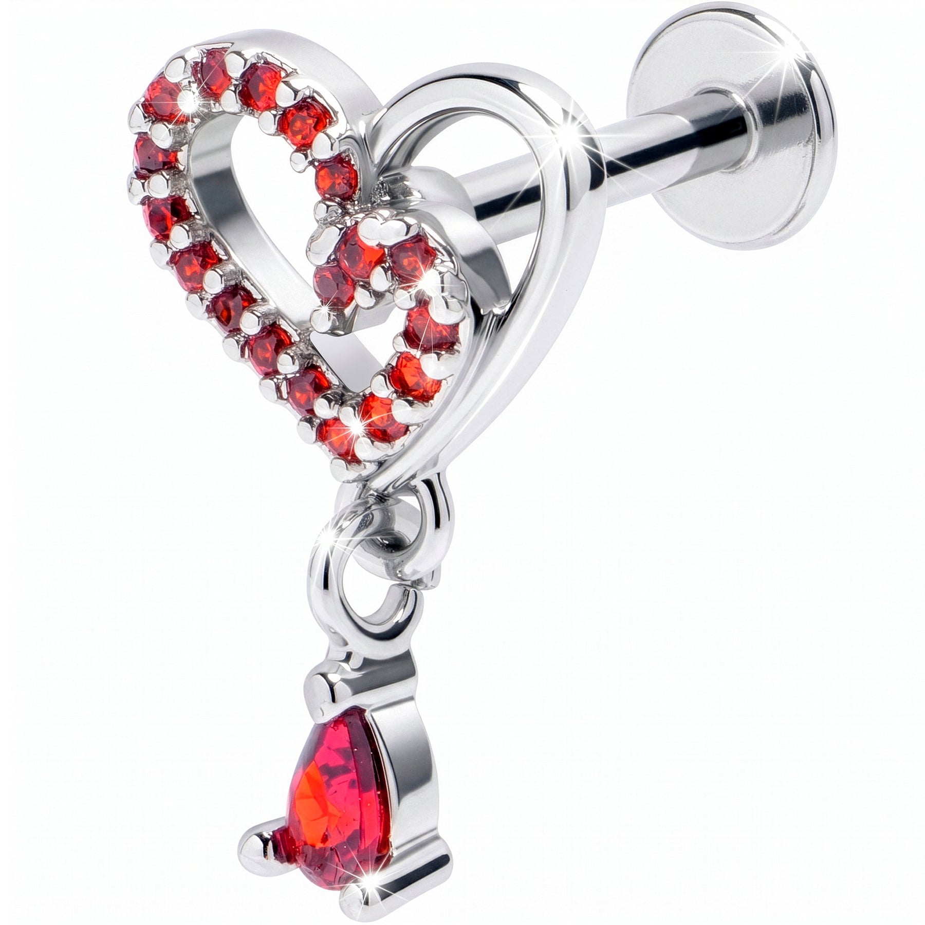 16G 5/16 Red CZ Gem Asymmetrical Heart Dangle Labret Monroe Tragus