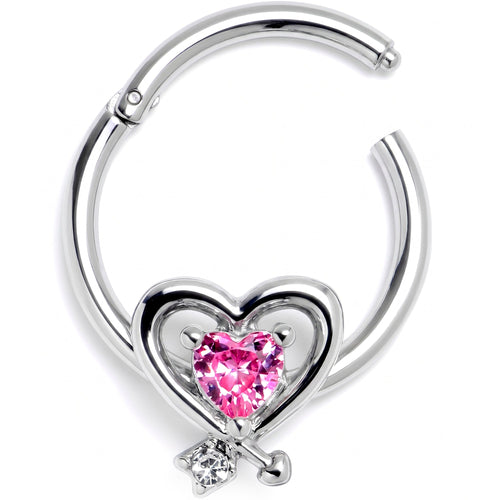 16G 3/8 Pink CZ Gem Wrapped In Heart Hinged Segment Ring