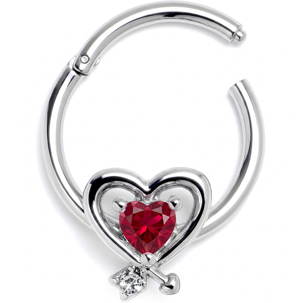 16G 3/8 Red CZ Gem Wrapped In Heart Hinged Segment Ring