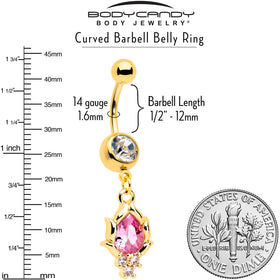 Pink CZ Gem Gold Tone Style Fire Dangle Belly Ring