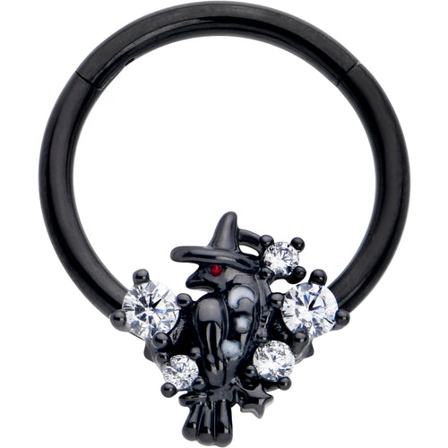 16G 3/8 Clear CZ Gem Black Raven Witch Hinged Segment Ring