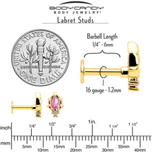 16G 1/4 Pink CZ Gem Gold Tone Style Fire Labret Monroe Tragus
