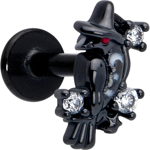 16G 1/4 Clear CZ Gem Black Raven Witch Labret Monroe Tragus