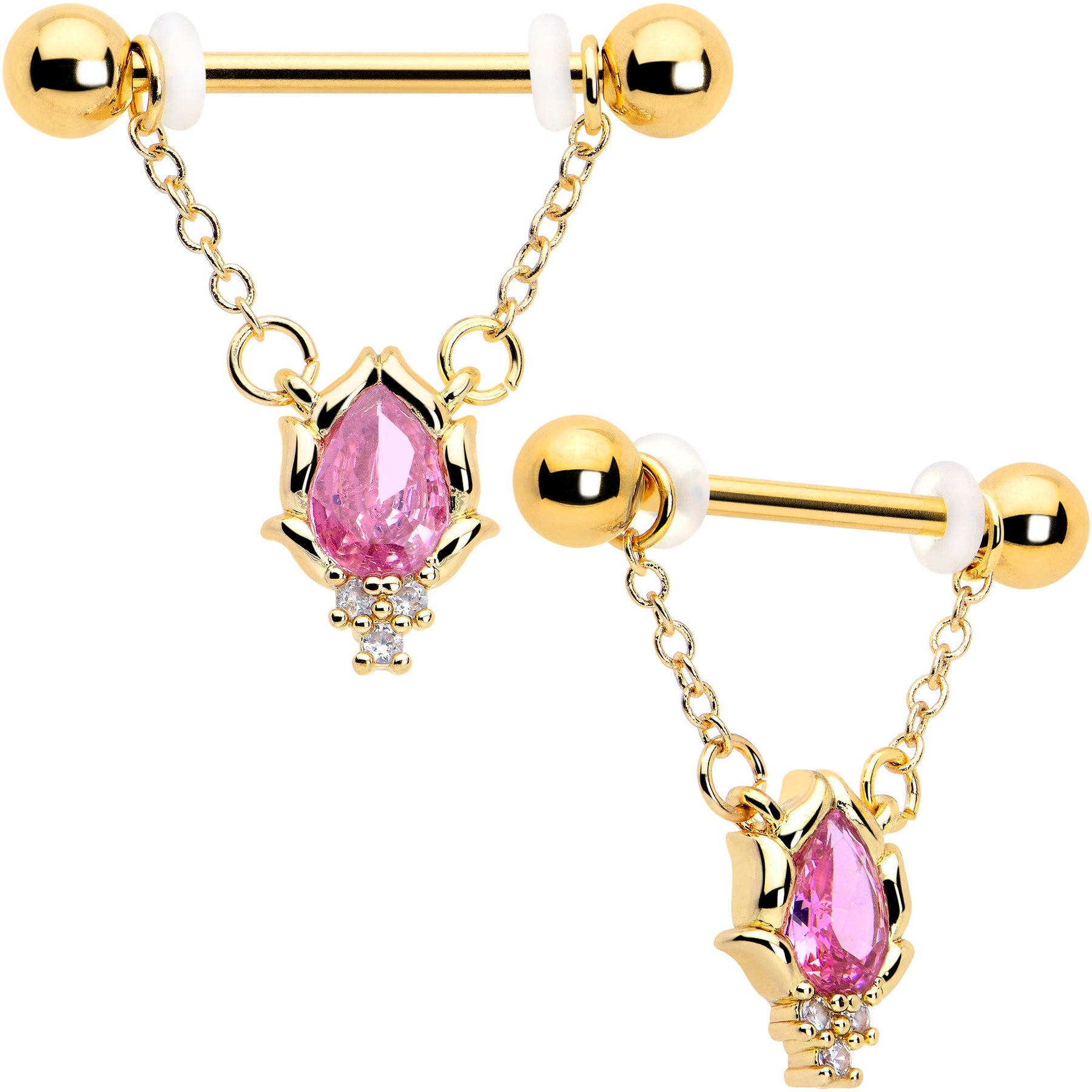 14G 9/16 Pink CZ Gem Gold Tone Style Fire Dangle Nipple Ring Set
