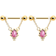 14G 9/16 Pink CZ Gem Gold Tone Style Fire Dangle Nipple Ring Set