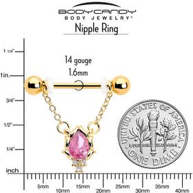 14G 9/16 Pink CZ Gem Gold Tone Style Fire Dangle Nipple Ring Set