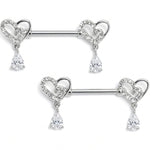 14G 9/16 Clear CZ Gem Asymmetrical Heart Dangle Nipple Ring Set