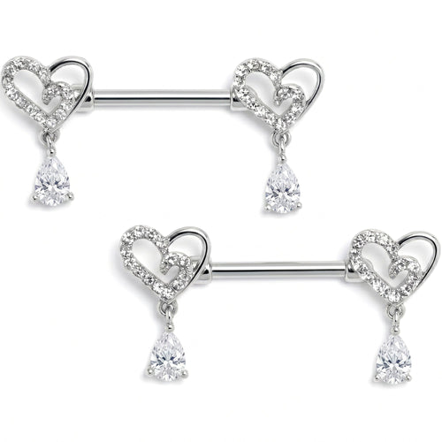 14G 9/16 Clear CZ Gem Asymmetrical Heart Dangle Nipple Ring Set
