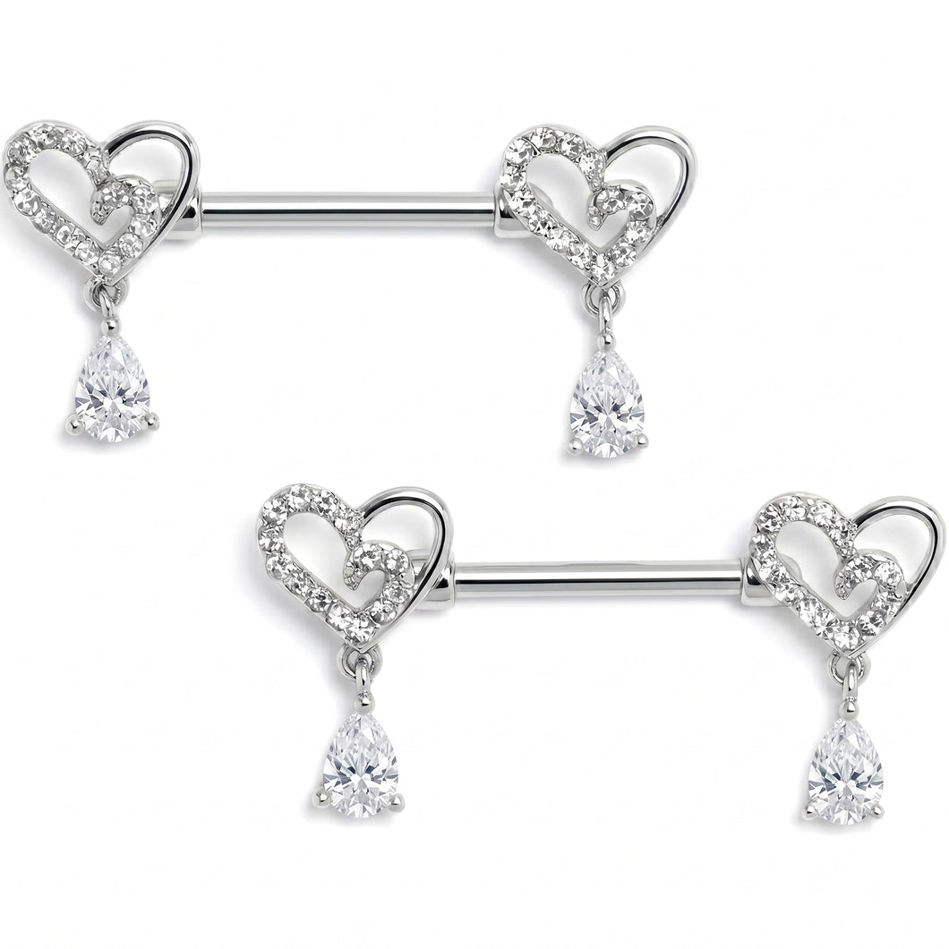 14G 9/16 Clear CZ Gem Asymmetrical Heart Dangle Nipple Ring Set
