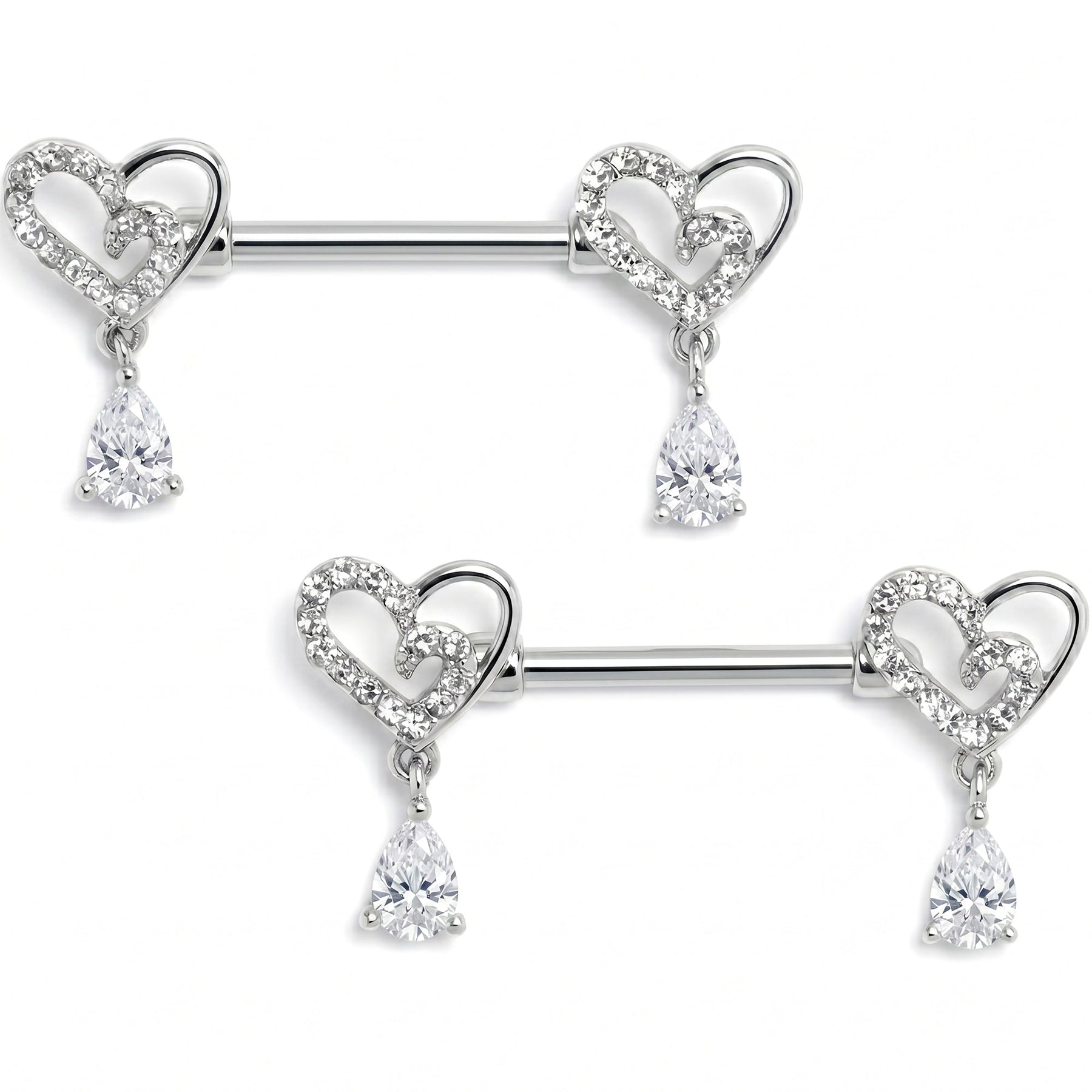 14G 9/16 Clear CZ Gem Asymmetrical Heart Dangle Nipple Ring Set