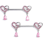 14G 9/16 Pink CZ Gem Asymmetrical Heart Dangle Nipple Ring Set