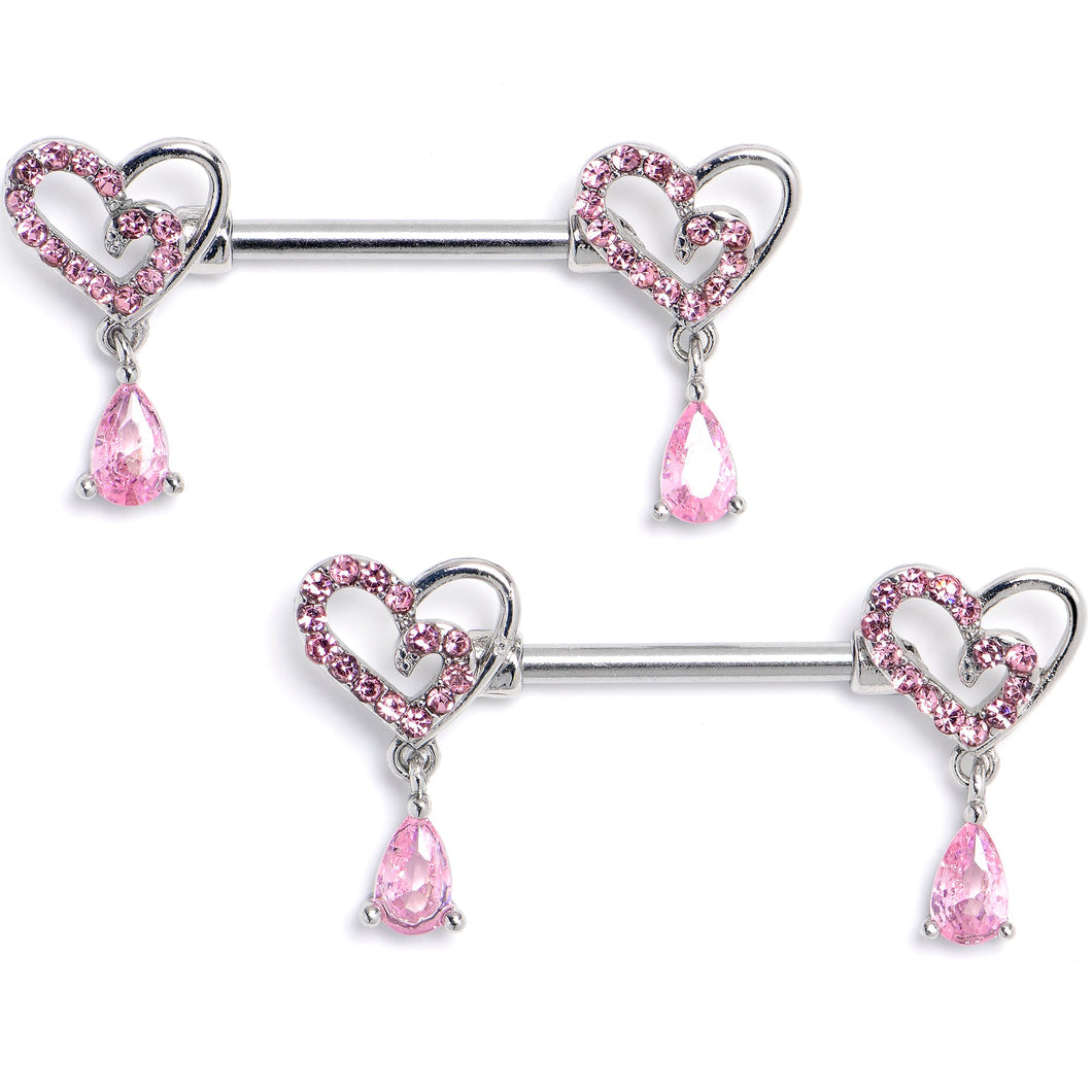 14G 9/16 Pink CZ Gem Asymmetrical Heart Dangle Nipple Ring Set