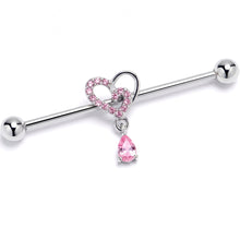 14G Pink CZ Gem Asymmetrical Heart Dangle Industrial Barbell 38mm