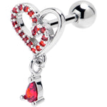 16G 1/4 Red CZ Gem Asymmetrical Heart Dangle Cartilage Earring
