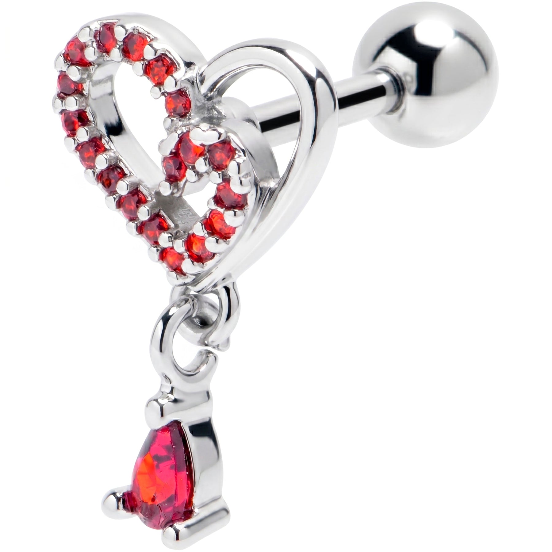 16G 1/4 Red CZ Gem Asymmetrical Heart Dangle Cartilage Earring