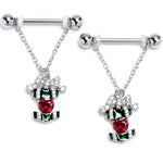 14G 9/16 Red Green Gem Holiday Abstract Heart Dangle Nipple Ring Set
