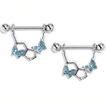 14G 9/16 Blue Gem Hexagon Butterfly Dangle Nipple Ring Set