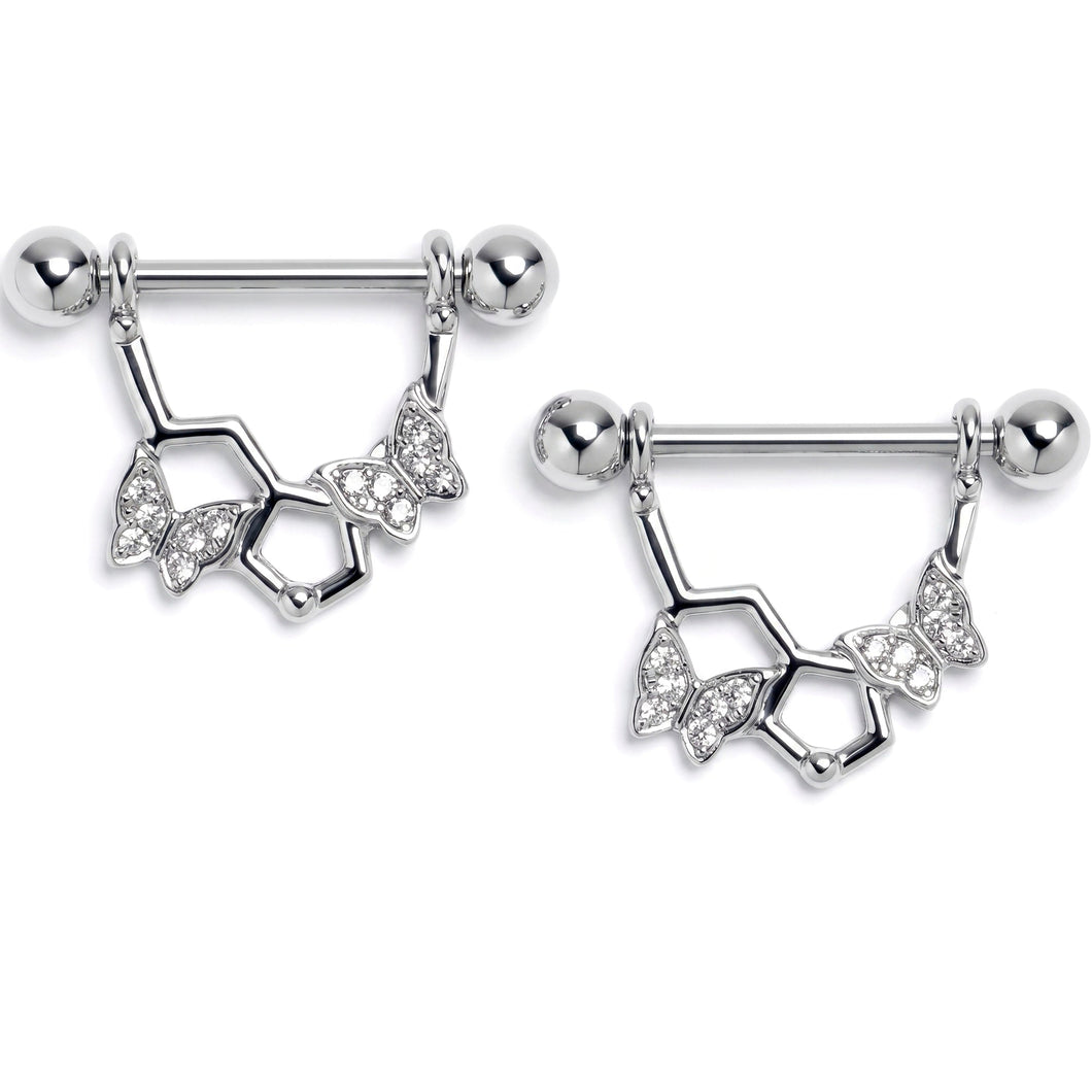 14G 9/16 Clear Gem Hexagon Butterfly Dangle Nipple Ring Set