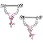 14G 9/16 Pink Gem Double Butterfly Glam Dangle Nipple Ring Set