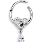 16G 3/8 Clear CZ Gem Asymmetrical Heart Dangle Hinged Segment Ring
