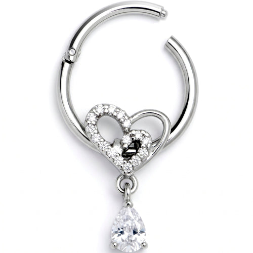 16G 3/8 Clear CZ Gem Asymmetrical Heart Dangle Hinged Segment Ring