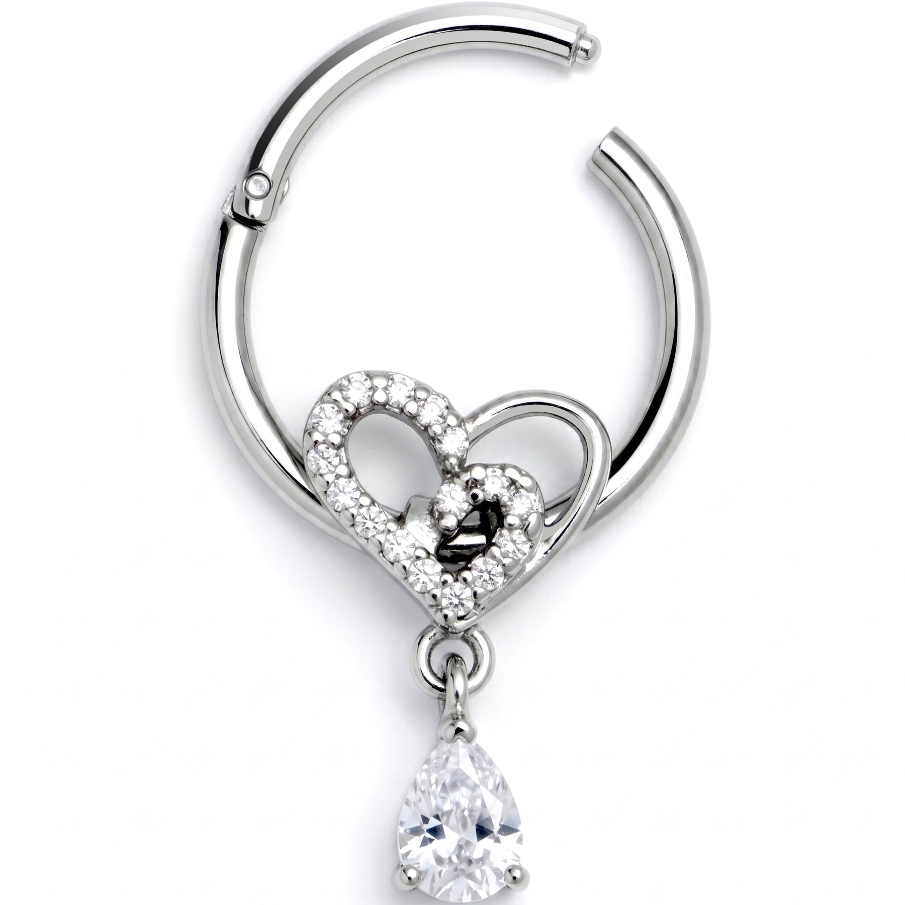 16G 3/8 Clear CZ Gem Asymmetrical Heart Dangle Hinged Segment Ring