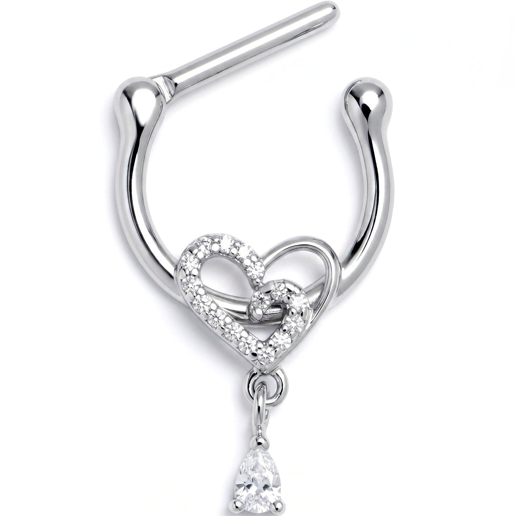 16G 5/16 Clear CZ Gem Asymmetrical Heart Dangle Cartilage Clicker