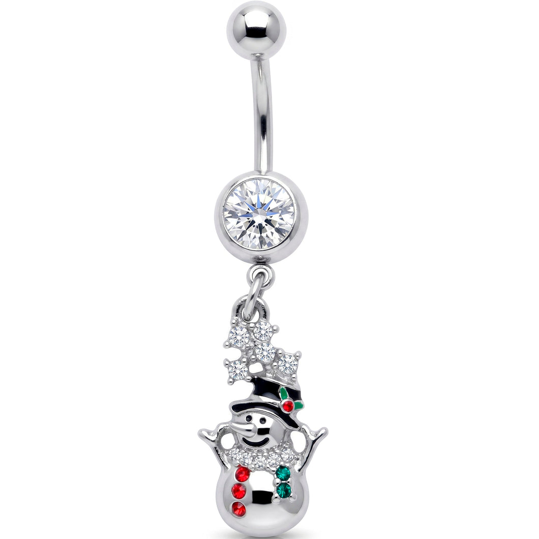 Red Clear Green Gem Opulent Snowman Holiday Dangle Belly Ring