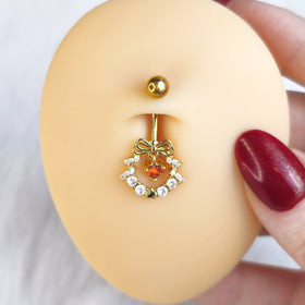 Clear Red CZ Gem Gold Tone Heart Wreath of Love Belly Ring