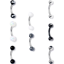 16G 5/16 Clear Gem Mix Black White Curved Eyebrow Ring Set of 8