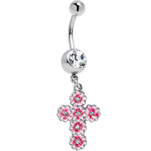 Clear Gem Perfectly Pink Flower Cross Dangle Belly Ring