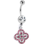 Clear Pink Gem Curved Cross Dangle Belly Ring