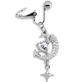 Clear Gem Moon Lover Dangle Clip On Fake Belly Ring