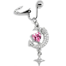 Clear Pink Gem Moon Lover Dangle Clip On Fake Belly Ring