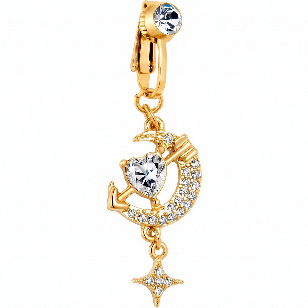 Clear Gem Gold Tone Moon Lover Dangle Clip On Fake Belly Ring