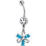 Clear Blue CZ Gem Bling Flower Glam Dangle Belly Ring