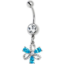 Clear Blue CZ Gem Bling Flower Glam Dangle Belly Ring