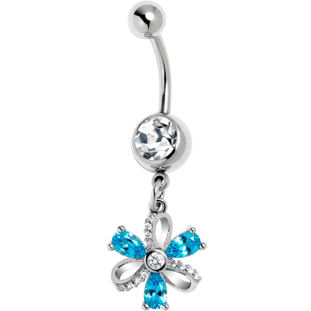 Clear Blue CZ Gem Bling Flower Glam Dangle Belly Ring