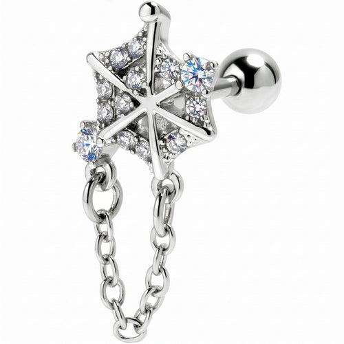 16G 1/4 Clear Gem Spiderweb Chain Dangle Cartilage Tragus Earring