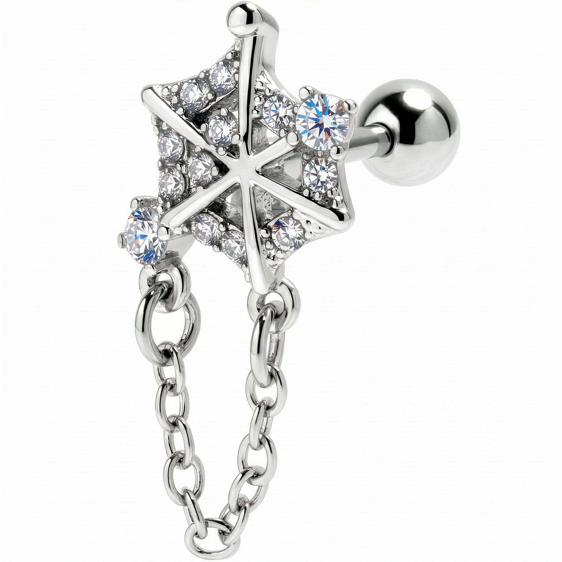 16G 1/4 Clear Gem Spiderweb Chain Dangle Cartilage Tragus Earring