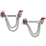 14G 9/16 Clear Gem Santa Skull Gift Chain Dangle Nipple Ring Set