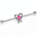 14G Pink CZ Gem Wrapped in Heart Industrial Barbell 38mm
