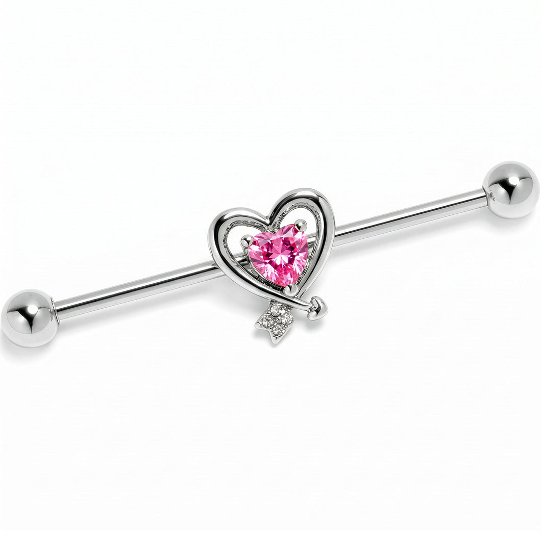 14G Pink CZ Gem Wrapped in Heart Industrial Barbell 38mm
