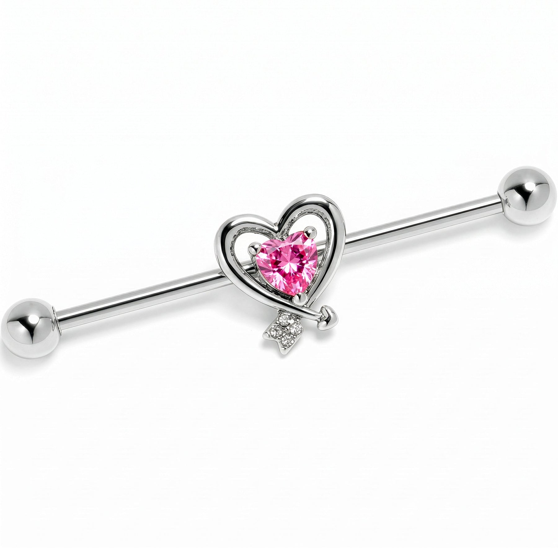 14G Pink CZ Gem Wrapped in Heart Industrial Barbell 38mm