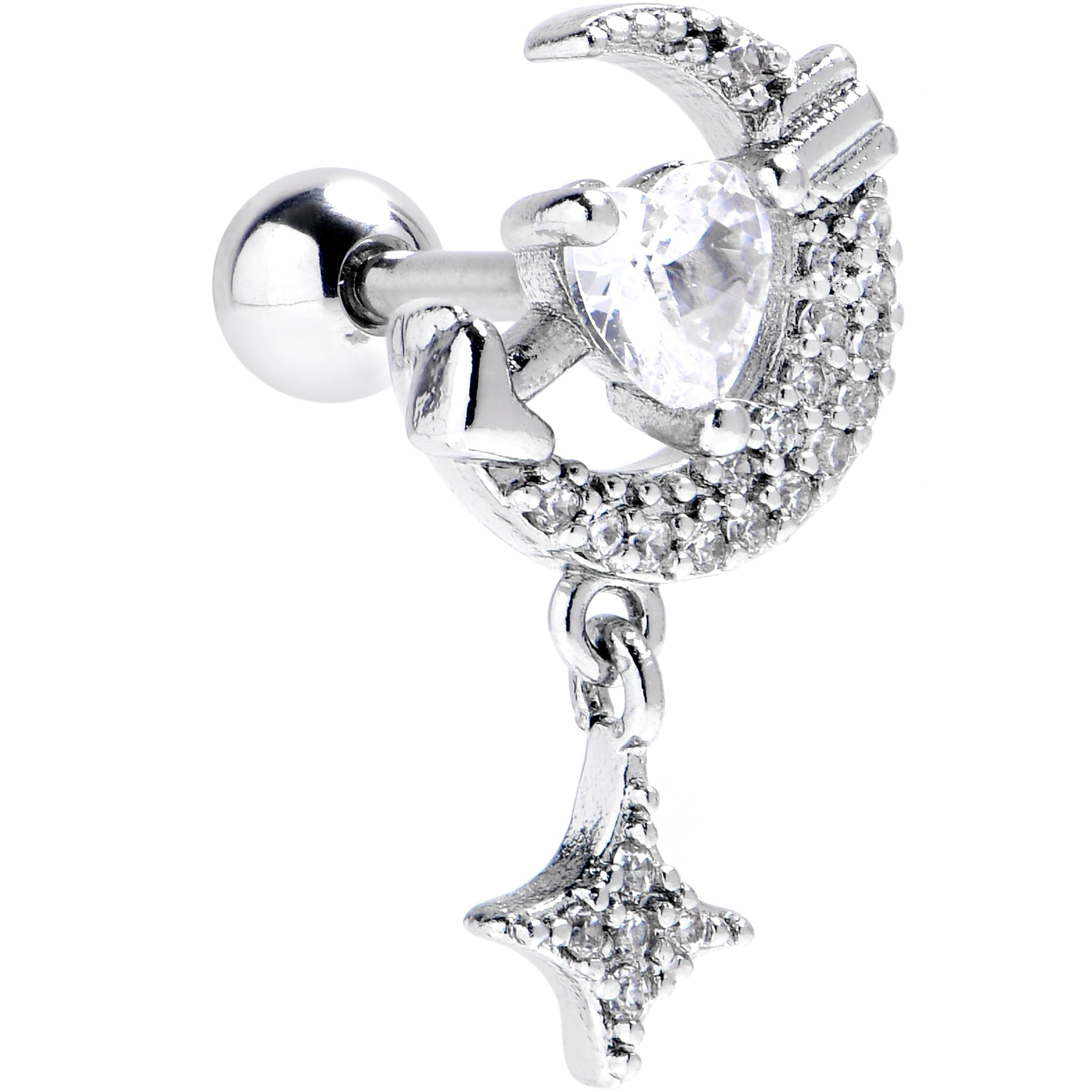 16G 1/4 Clear CZ Gem Moon Lover Cartilage Tragus Earring